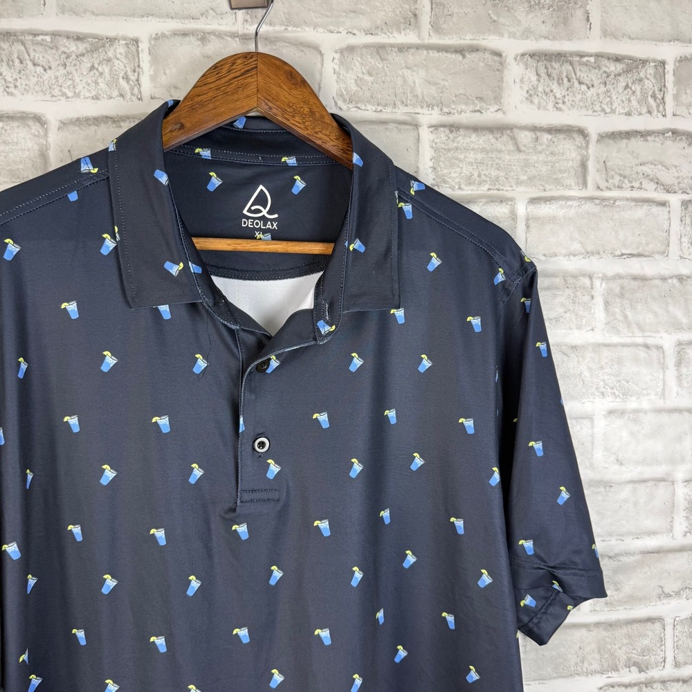 Deolax Mens XL Performance Golf Polo Shirt Navy Blue Cocktail AOP Print Stretch